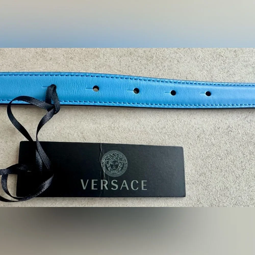 Versace Logo Plaque Crystal Belt Blue Size 90 NWT